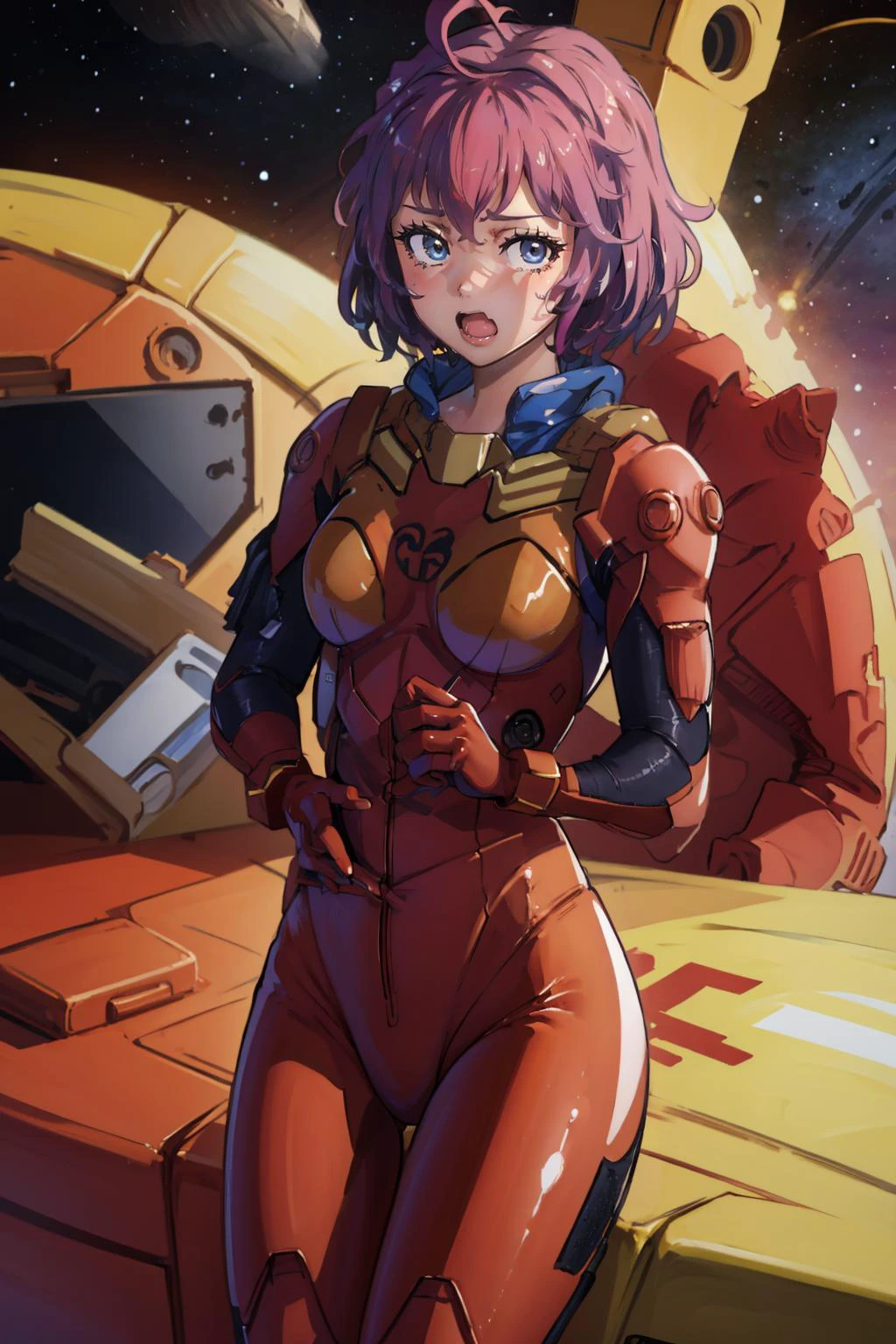 masterpiece, best quality, <lora:edgAsukaPlugsuitCosplay:1> edgplugsuit, wearing edgPlugsuit ,red bodysuit, skin tight, <lora:bernadetta-nvwls-v2-final:0.8> defBernie, wavy mouth, shocked, outer space, looking at viewer