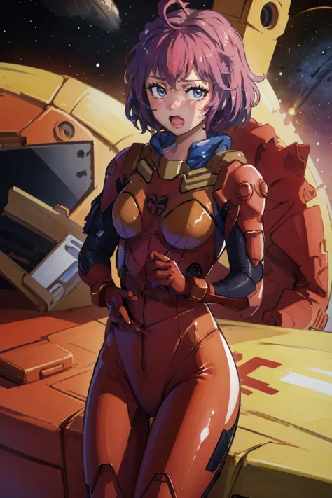 masterpiece, best quality,   <lora:edgAsukaPlugsuitCosplay:1> edgplugsuit, wearing edgPlugsuit ,red bodysuit, skin tight,  <lora:bernadetta-nvwls-v2-final:0.8> defBernie, wavy mouth, shocked, outer space, looking at viewer