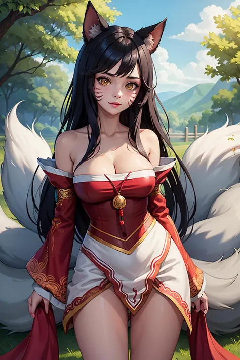 masterpiece, best quality, highres, ah1, facial mark, multiple tails, fox tails, korean clothes, cleavage, bare shoulders, detached sleeves, <lora:ahri_v10:0.7>, outdoors, standing, cowboy shot,