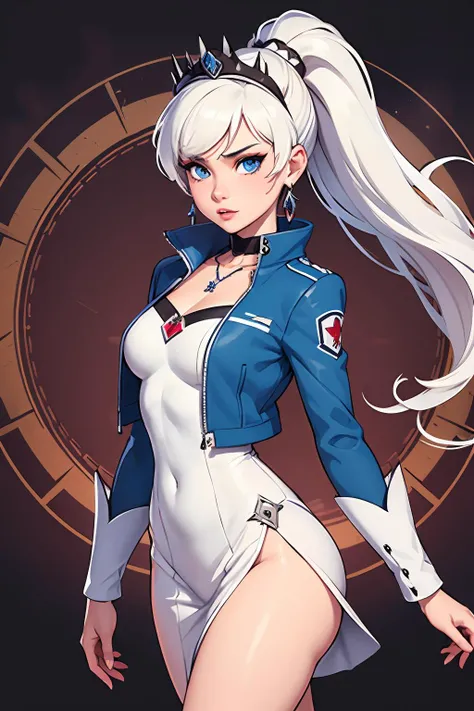 rwby, weiss schnee, stanley lau, 1girl, blue eyes, cropped jacket, dress, earrings, high collar, high heels, jewelry, long hair, long sleeves, looking at viewer, magic circle, necklace, parted lips, pendant, petticoat, ponytail, realistic, scar, scar across eye, scar on face, side ponytail, solo, thighs, tiara, very long hair, white dress, white hair