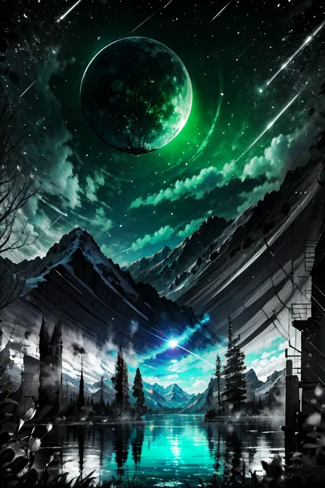 Highly detailed, High Quality, Masterpiece, beautiful, night, (dark environment), mountains, water, trees, <lora:DW-000008:1>