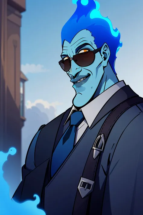 ((masterpiece,best quality)), absurdres,
<lora:Hades_Disney:1>, Hades_Disney, (blue fire:1, fiery hair, blue fire), solo, young handsome face,
grey skin, smile,
1boy, sunglasses, brown hair, business suit, collared shirt, red necktie, long sleeves, upper body, portrait,
looking at viewer, upper body portrait, cinematic composition,