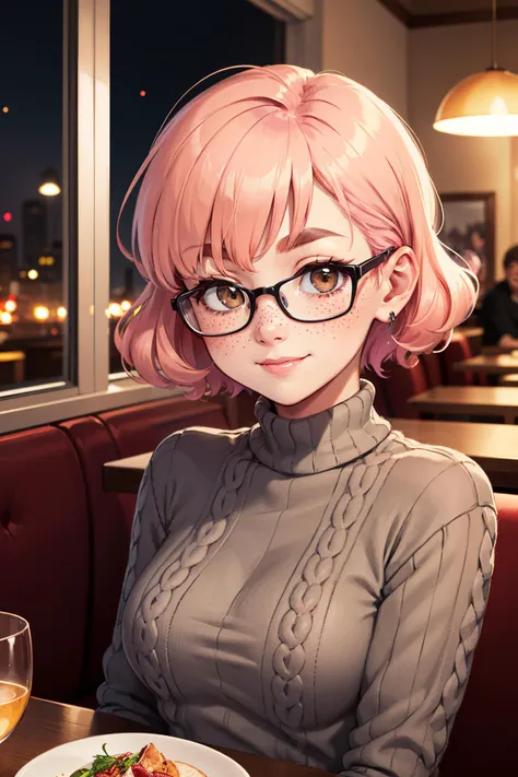 highres, masterpiece, perfect lighting,
bloom, night, dark, cinematic lighting,
adult, female, portrait, upper body,
sitting in a restaurant
grey cableknit sweater
hazel eyes, thick eyebrows, freckles, bangs,
blonde hair:pink hair, pixie cut, curly hair, shy smile,
nerdy glasses