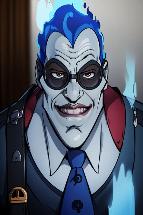 ((masterpiece,best quality)), absurdres,
<lora:Hades_Disney:1>, Hades_Disney, (blue fire:1, fiery hair, blue fire), solo, young handsome face,
grey skin, smile,
1boy, sunglasses, brown hair, business suit, collared shirt, red necktie, long sleeves, upper body, portrait, <lora:diamond_wa_kudakenai_2:0.6>, araki hirohiko (style),
looking at viewer, upper body portrait, cinematic composition,
