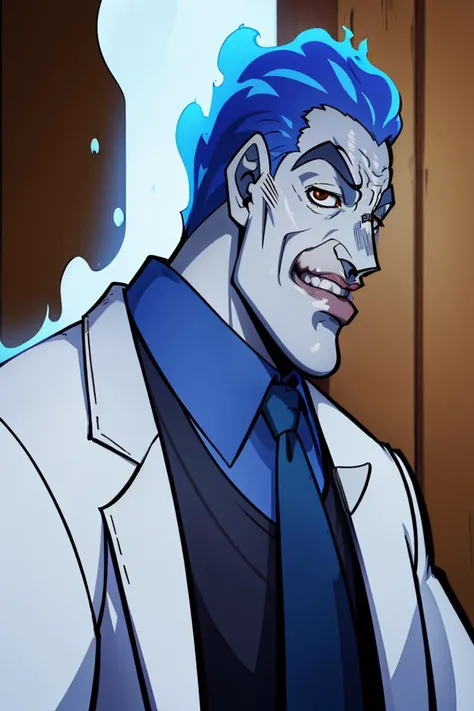 ((masterpiece,best quality)), absurdres,
<lora:Hades_Disney:1>, Hades_Disney,  (blue fire:1, fiery hair, blue fire), solo, young handsome face,
grey skin, smile,
1boy, sunglasses, brown hair, business suit, collared shirt, red necktie, long sleeves, upper body, portrait, <lora:diamond_wa_kudakenai_2:0.6>, araki hirohiko (style),
looking at viewer, upper body portrait, cinematic composition,