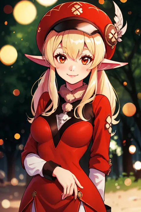centered, award winning upper body portrait, cowboy shot, (looking at viewer:1.2), | solo, standing, smile, Adult_Klee_Genshin, pointy ears, red hat, | forest,, | bokeh, depth of field, cinematic composition, | dynamic pose, <lora:Adult_Klee_Genshin:0.8>