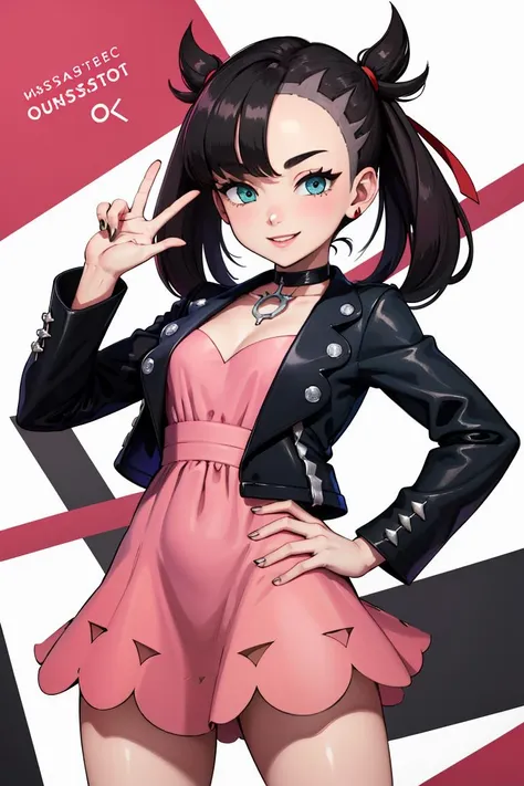 ((masterpiece,best quality)), absurdres,
<lora:marnie_v1:0.7>, hmmarnie, aqua eyes, black choker, red ribbon, pink dress, jewelry, black jacket, open clothes, long sleeves, 
solo, smiling, looking at viewer, cowboy shot, 
inematic composition, dynamic pose, contrapposto, hand on hip,