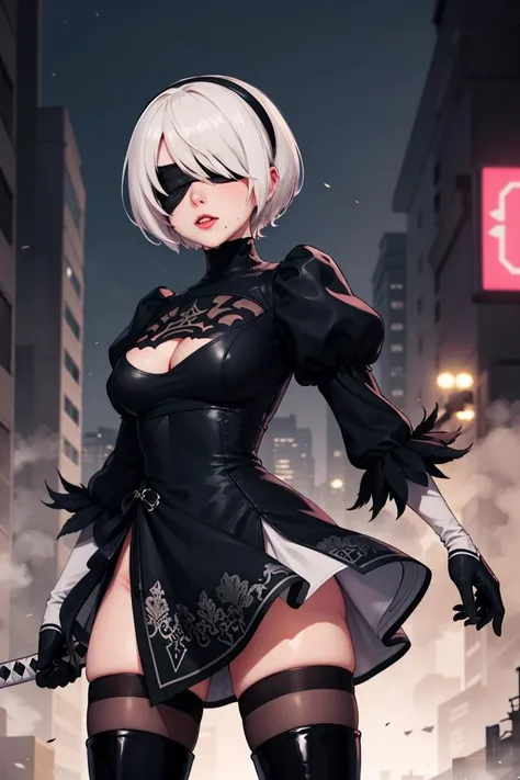 masterpiece, best quality, highres, hm2b, black blindfold, covered eyes, mole under mouth, clothing cutout, long sleeves, puffy sleeves, juliet sleeves, feather trim, black thighhighs, black gloves, black dress, black skirt, thigh boots, <lora:y2b_v2-1:0.7>, holding weapon, katana, night, cyberpunk,