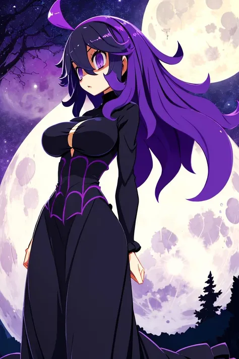 <lora:Harada_Takehito_v2_Repeats5:0.8>,masterpiece, best quality, highres, aahex, hex maniac \(pokemon\), long hair, ahoge, purple hairband, purple eyes, @_@, large breasts, long dress, black dress, long sleeves, <lora:hex_maniac_v1:0.7>, arms behind back, outdoors, full moon,