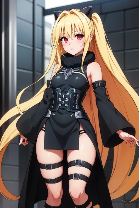 (masterpiece:1.6, best quality), (finely detailed beautiful eyes: 1.2), phyami, yaminor, 1girl, solo, blonde hair, long hair, red eyes, thigh strap, very long hair, detached sleeves, black dress, <lora:yami-v1:1.0>, dynamic pose,
