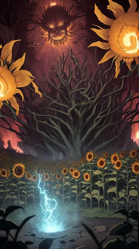 Absurd, Brutalist, Lace and Mohair, Mariusz Lewandowski, Light, Calming ("The dance of sunflowers, faces turned towards the light, capturing the essence of hope and resilience.":1.3) , Carl Moll, dramatic lighting, The arcane, Best quality, Awe, Polychromatic, Fleece, wallpaper, Energetic, Auto-Destructive Art, strong side key lights, electric red sky, Moonlit, Canon RF, deep yellow flakes, Australian Tonalism, key light, Damascus Steel and Malachite Insets, highly detailed, dense roots, surreal, very inspirational, great composition, atmosphere
