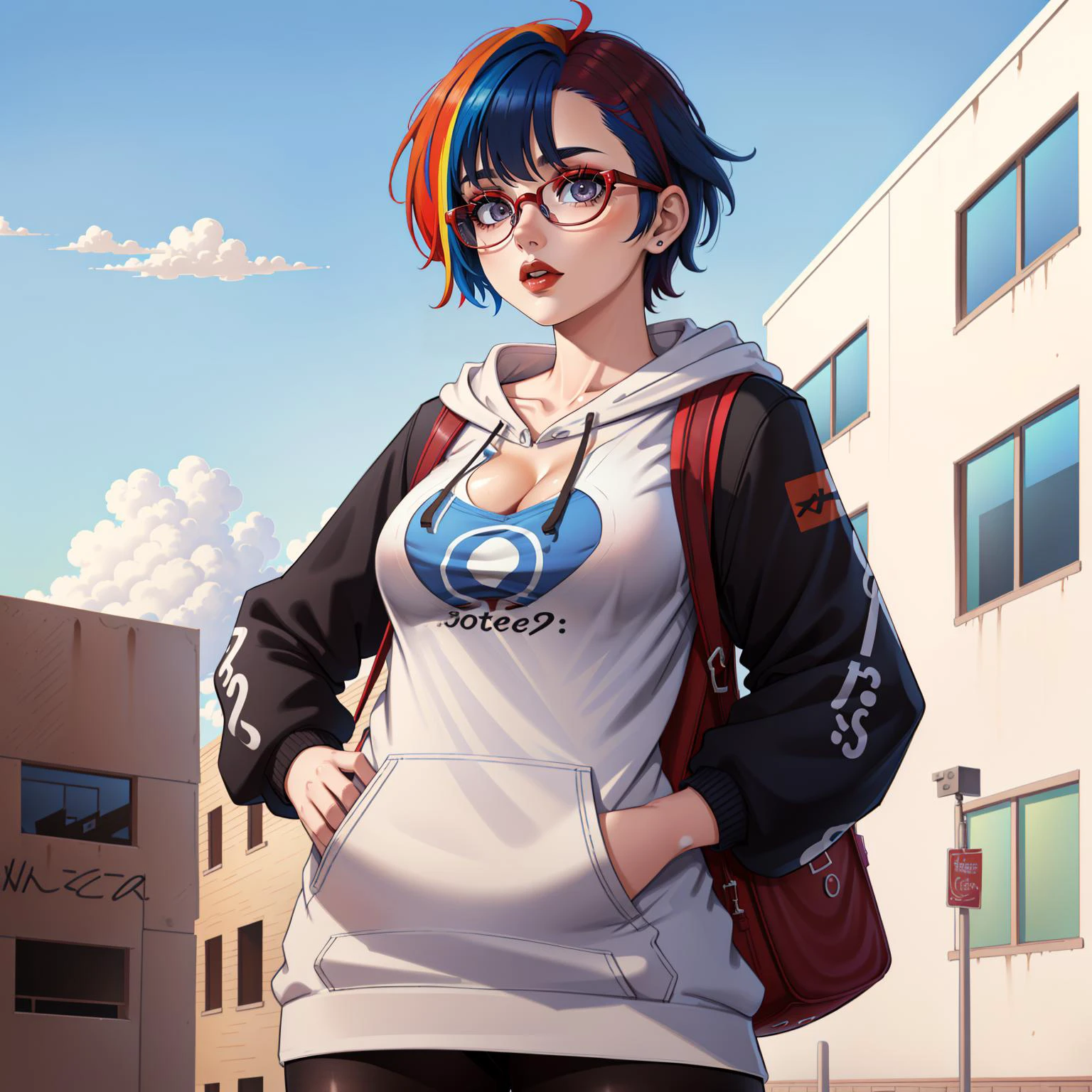 (8k, RAW photo, best quality, masterpiece), ((fashion photography,realistic, photo-realistic)), detailed background one piece wano, solo, 1 girl, looking away, hand on hip, contrapposto, expressionless, cowboy shot, city, sidewalk, blue sky, clouds,
zzPenny, grey eyes, glasses, short hair, red hair, blue hair, multicolored hair, round eyewear, two-tone hair, long sleeves, hood down, black hoodie, backpack, bag, brown bag, pantyhose, see-through skirt,
zzPenny, grey eyes, glasses, short hair, red hair, blue hair, multicolored hair, round eyewear, two-tone hair,
large breasts, cleavage, <lora:Loraeyes_V1:0.8>
<lora:detail_enhancer_sd3_v1_experimental:1> <lora:Penny_Pokemon_PDXL:1>