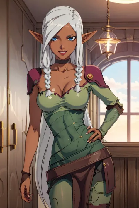 ((masterpiece,best quality)), absurdres, <lora:Aura_Shurifon_Tenchi:0.8>, Aura_Shurifon_Tenchi, 1girl, solo, white hair, long hair, twin braid, blue eyes, dark skin, elf, pointy ears, choker, armor, solo, smiling, looking at viewer, cowboy shot,