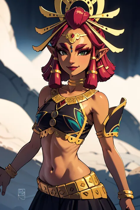 ((masterpiece,best quality)), absurdres, <lora:Riju_Zelda_TotK:0.9>, Riju_Zelda, midriff, black dress, solo, smiling, smug, looking at viewer, cowboy shot, cinematic composition, dynamic pose,