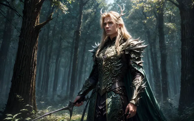 masterpiece, epic, majestic, best quality, very high resolution, 8k, hdr, digital photography, dynamic pose, stunning 25 years old (male Alagoan:1.2) assassin, silver eyes, (medium blonde hair, extremely long hair:1.1), looking at camera with a lusting expression, solo, full body, looking down, detailed background, detailed face, (<lora:Magic Circle_20230812103010:0.6>, Magic Circle theme:1.1) glowing eyes, nature-guardian, organic armor, union of plants with metal, heavy armor, plants cloak, creeping on armor, antlers, green magical lights, dynamic pose, peaceful, tree runes, magical tattoos, bright growth marks on armor, overgrown plantsparticle effects, enchanted woodland in background, winter, mist, twilight, eerie atmosphere,, (iridescent:0.7), (transparent:0.8), (translucid:0.8), (reflection:0.6), (refraction:0.3), (diffraction:0.3), (caustics:0.3), volumetric lights, volumetric shadows, (subsurface scatering:0.4), physically based rendering, (intricate details:1.3), hyperdetailed, ultrarealistic, (sharp focus:1.2) <lora:hyperdenoiser_v090:1.5> <lora:add_detail:1.5>