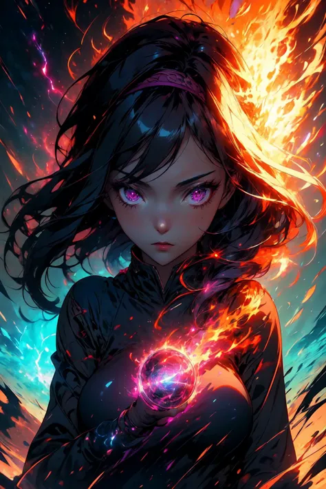 mature female, <lora:more_details:0.5>,((masterpiece)), ((best quality)), (ultra detailed),((extremely detailed body)), ((extremely detailed 8k CG wallpaper)), HDR, 1girl, dark purple hair with a blue alice band, blue hairband, large natural breasts, long hair, bangs, magenta eyes, glowing eyes, detailed eyes, determined expression, blue lightning magic coming out of hand, attack pose <lora:r1ge - AnimeRage:0.7> <lora:Magic Circle_20230812103010:0.8> Magic Circle <lora:Perfect_face_eyes_1:0.7> <lora:DW:0.8>