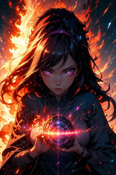mature female, <lora:more_details:0.5>,((masterpiece)), ((best quality)), (ultra detailed),((extremely detailed body)), ((extremely detailed 8k CG wallpaper)), HDR, 1girl, dark purple hair with a blue alice band, blue hairband, large natural breasts, long hair, bangs, magenta eyes, glowing eyes, detailed eyes, determined expression, blue lightning magic coming out of hand, attack pose <lora:r1ge - AnimeRage:0.7> <lora:Magic Circle_20230812103010:0.8> Magic Circle <lora:Perfect_face_eyes_1:0.7> <lora:DW:0.8>