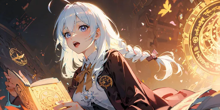 hdr, atmospheric, magic, sky, girl, upper body, white hair, golden eyes, alchemist, home, mixtures