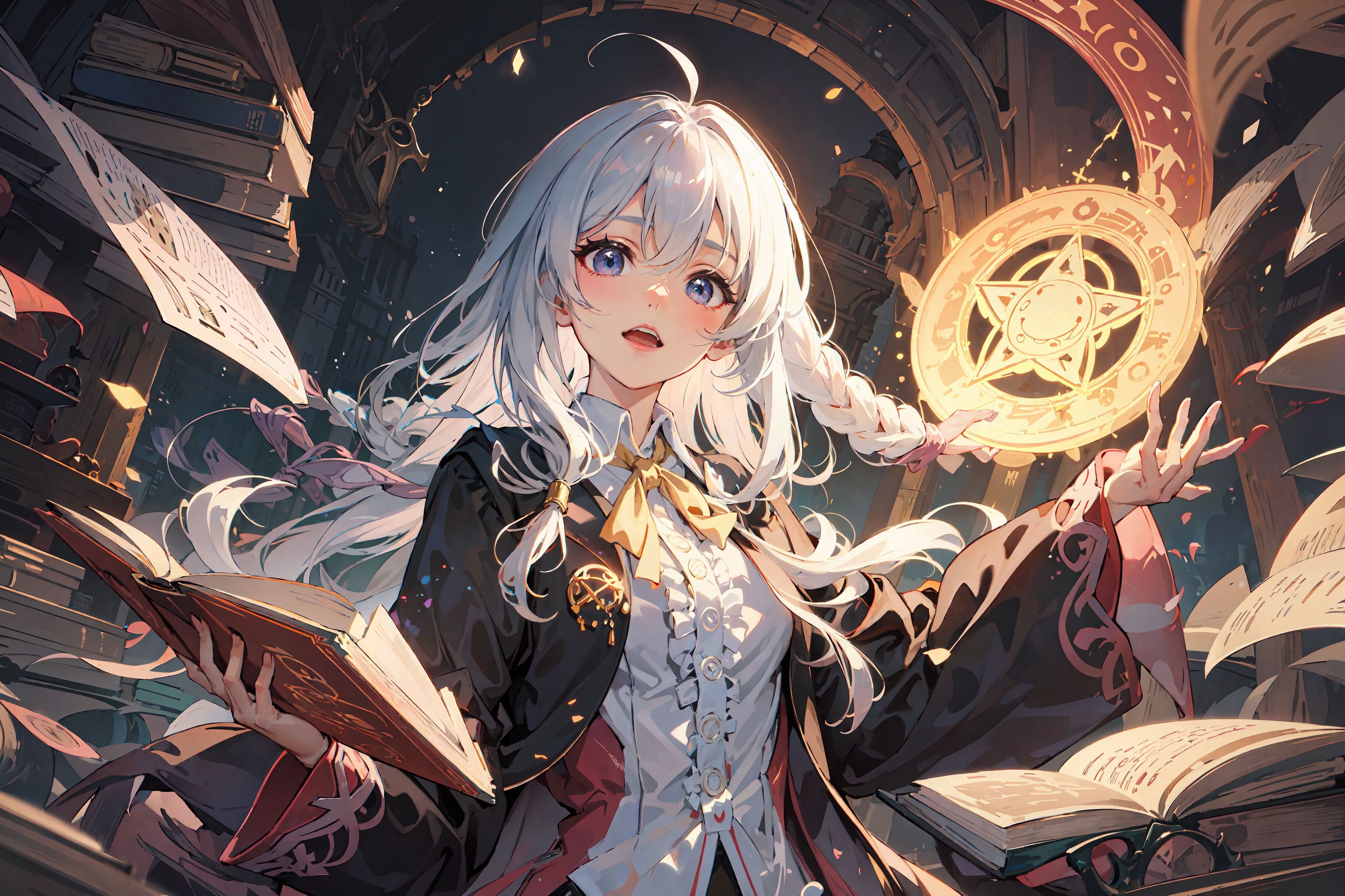 Anime girl with white hair holding a book and a pentagram - SeaArt AI