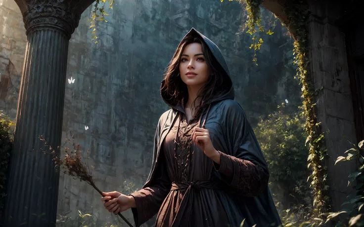 masterpiece, epic, majestic, best quality, very high resolution, 8k, hdr, digital photography, dynamic pose, well-favored adult female Kalash ninja, grey eyes, (dark brown hair, messy half-up half-down:1.1), showing sullen expression, (style-sylvamagic:1.0), looking up, solo, full body, detailed background, detailed face, (<lora:Magic Circle_20230812103010:0.6>, Magic Circle theme:1.1), light smile, charlatan, wearing (Old rose:0.7) hooded robe, herbal satchel, outdoors, simple staff, ivy, dried plants,,,vials butterflies, whispers of ancient incantations, ominous foreboding, twilight,, (iridescent:0.7), (transparent:0.8), (translucid:0.8), (reflection:0.6), (refraction:0.3), (diffraction:0.3), (caustics:0.3), volumetric lights, volumetric shadows, (subsurface scatering:0.4), physically based rendering, (intricate details:1.3), hyperdetailed, ultrarealistic, (sharp focus:1.2) <lora:hyperdenoiser_v090:1.5> <lora:add_detail:1.5>