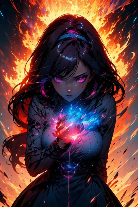 mature female, <lora:more_details:0.5>,((masterpiece)), ((best quality)), (ultra detailed),((extremely detailed body)), ((extremely detailed 8k CG wallpaper)), HDR, 1girl, dark purple hair with a blue alice band, blue hairband, large natural breasts, long hair, bangs, magenta eyes, glowing eyes, detailed eyes, determined expression, blue lightning magic coming out of hand, attack pose <lora:r1ge - AnimeRage:0.7> <lora:Magic Circle_20230812103010:0.8> Magic Circle <lora:Perfect_face_eyes_1:0.7> <lora:DW:0.8>