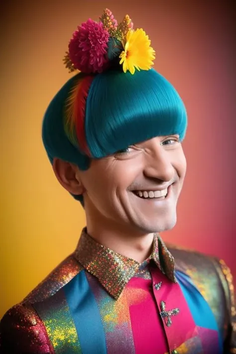 analog style, modelshoot style, photo of sks man smiling by Flora Borsi in full body shot with a flower dress, style by Flora Borsi, bold, bright colours, rainbow Mohawk haircut, ((Flora Borsi)) <lyco:locon_perfecteyes_v1_from_v1_64_32:0.85> <lora:carlitos:1>