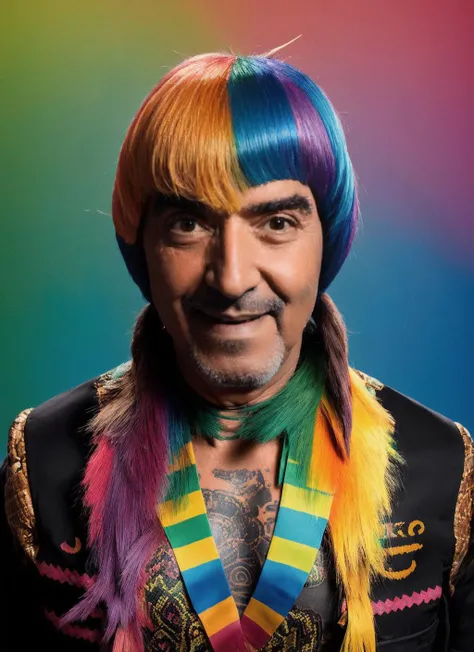 portrait of sks man ((carlitos:1)) like a hippie with snake tattoo in the chest, by Flora Borsi, style by Flora Borsi, bold, bright colours, ((rainbow Mohawk haircut)), ((Flora Borsi)) <lora:carlitos:1>