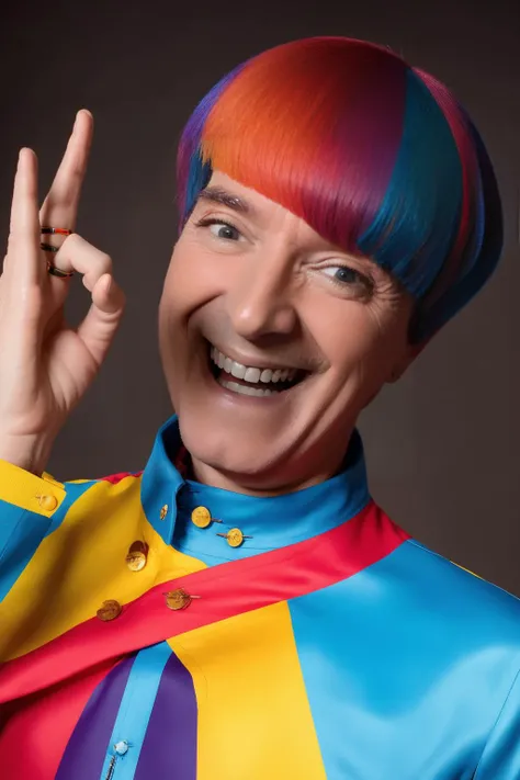 analog style, modelshoot style, portrait of sks man smiling with the ok sign by Flora Borsi, style by Flora Borsi, bold, bright colours, rainbow Mohawk haircut, ((Flora Borsi)) <lora:carlitos:1>