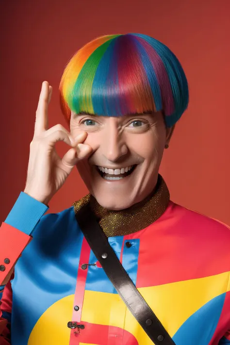 analog style, modelshoot style, portrait of sks man smiling with the ok sign by Flora Borsi, style by Flora Borsi, bold, bright colours, rainbow Mohawk haircut, ((Flora Borsi)) <lora:carlitos:1>