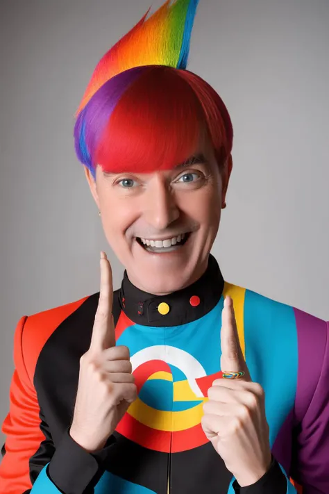 analog style, modelshoot style, portrait of sks man smiling with the ok sign by Flora Borsi, style by Flora Borsi, bold, bright colours, rainbow Mohawk haircut, ((Flora Borsi)) <lora:carlitos:1>