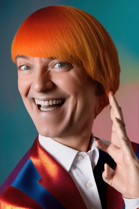 analog style, modelshoot style, portrait of sks man smiling with the ok sign by Flora Borsi, style by Flora Borsi, bold, bright colours, rainbow Mohawk haircut, ((Flora Borsi)) <lora:carlitos:1>