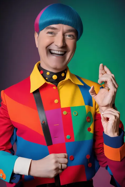 analog style, modelshoot style, portrait of sks man smiling with the ok sign by Flora Borsi, style by Flora Borsi, bold, bright colours, rainbow Mohawk haircut, ((Flora Borsi)) <lora:carlitos:1>