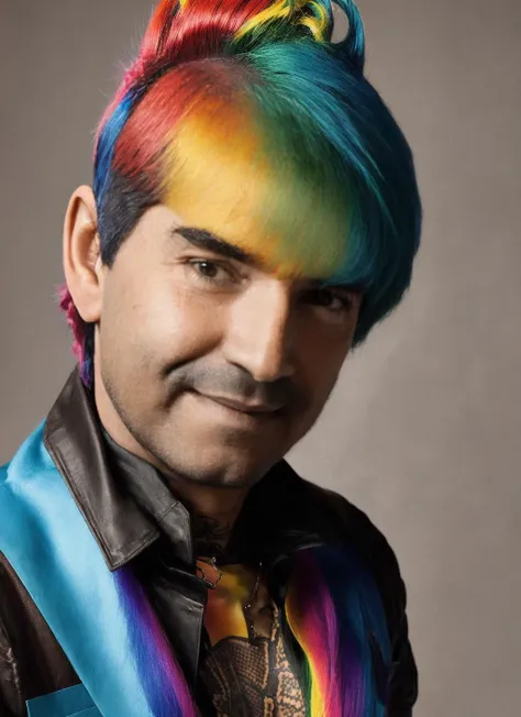 portrait of sks man ((carlitos:1)) like a hippie with snake tattoo in the chest, by Flora Borsi, style by Flora Borsi, bold, bright colours, ((rainbow Mohawk haircut)), ((Flora Borsi)) <lora:carlitos:1>
