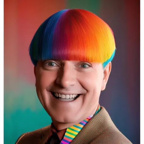 analog style, modelshoot style, portrait of sks man smiling by Flora Borsi, style by Flora Borsi, bold, bright colours, rainbow Mohawk haircut, ((Flora Borsi)) <lora:carlitos:1>