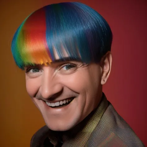 analog style, modelshoot style, portrait of sks man smiling by Flora Borsi, style by Flora Borsi, bold, bright colours, rainbow Mohawk haircut, ((Flora Borsi)) <lora:carlitos:1>