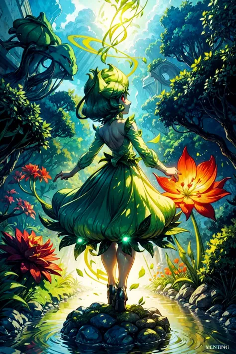 solo, <lora:Bulbasaur_Pokemon:0.7>, Bulbasaur_Pokemon, red eyes, quadruped, bulb on back, liana, flowers, garden, leaf swirl, detailed background, <lora:add_detail:0.7>  <lora:Aura_v2:0.3> Aura, green aura, glowing, dynamic pose,