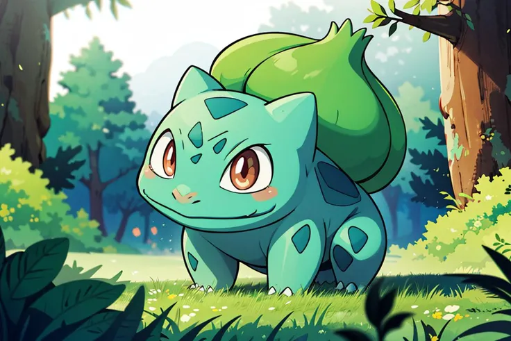 centered, award winning photo, (looking at viewer:1.2), | Bulbasaur_Pokemon, |forest, big trees | bokeh, depth of field, cinematic composition, | <lora:Bulbasaur_Pokemon:0.8>