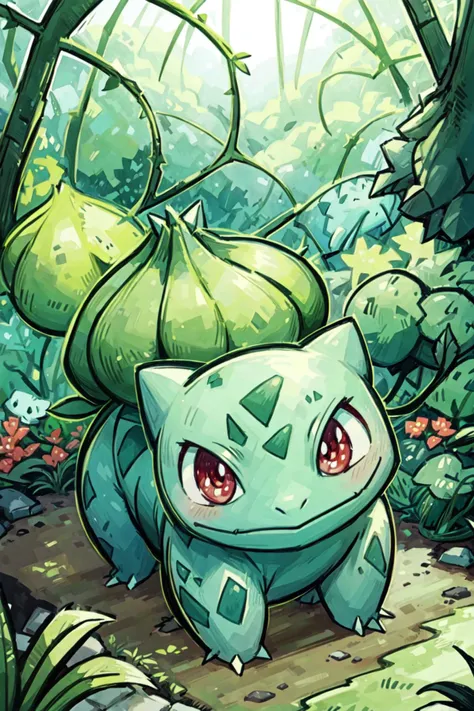solo, <lora:Bulbasaur_Pokemon:0.8>, Bulbasaur_Pokemon, red eyes, garden, detailed background, <lora:add_detail:0.7> <lora:Concept - Thornmancer:0.5> thornmancer, vines, plants,