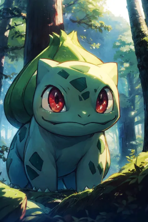 solo, <lora:Bulbasaur_Pokemon:0.8>, Bulbasaur_Pokemon, red eyes, forest, detailed background, <lora:add_detail:0.7>