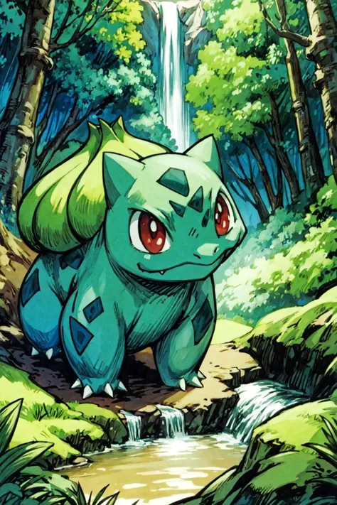 solo, <lora:Bulbasaur_Pokemon:0.8>, Bulbasaur_Pokemon, red eyes, forest, waterfall, detailed background, <lora:add_detail:0.7>