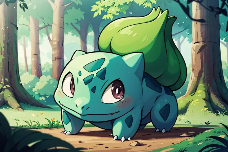 centered, award winning photo, (looking at viewer:1.2), |  Bulbasaur_Pokemon, |forest, big trees | bokeh, depth of field, cinematic composition, | <lora:Bulbasaur_Pokemon:0.8>