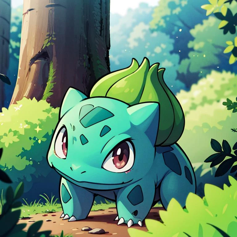 centered, award winning photo, (looking at viewer:1.2), | Bulbasaur_Pokemon, |forest, big trees | bokeh, depth of field, cinematic composition, | <lora:Bulbasaur_Pokemon:0.8>