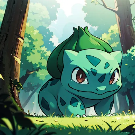 centered, award winning photo, (looking at viewer:1.2), |  Bulbasaur_Pokemon, |forest, big trees | bokeh, depth of field, cinematic composition, | <lora:Bulbasaur_Pokemon:0.8>