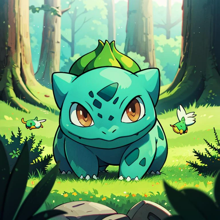 centered, award winning photo, (looking at viewer:1.2), | Bulbasaur_Pokemon, |forest, big trees | bokeh, depth of field, cinematic composition, | <lora:Bulbasaur_Pokemon:0.8>