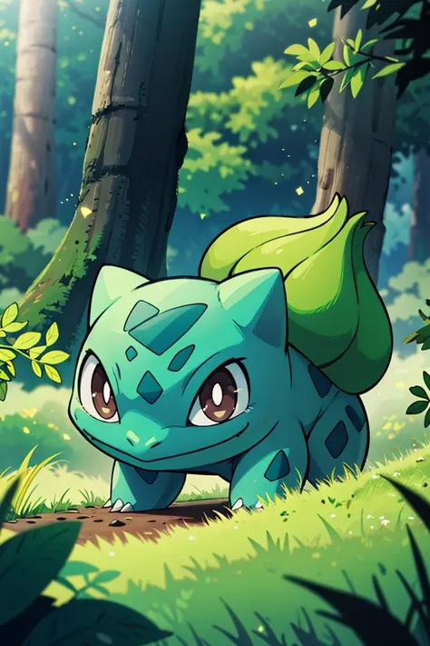 centered, award winning photo, (looking at viewer:1.2), |  Bulbasaur_Pokemon, |forest, big trees | bokeh, depth of field, cinematic composition, | <lora:Bulbasaur_Pokemon:0.8>