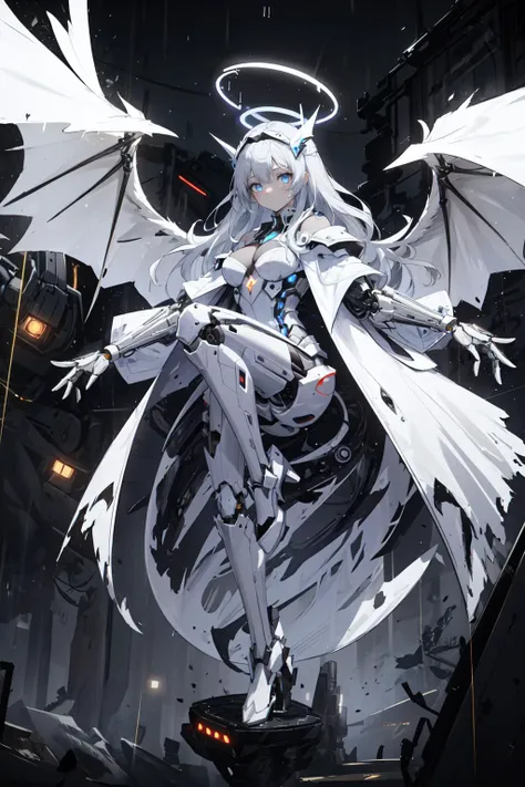 highres, highest quallity, 1girl, adult, solo_focus, solo, (sexy, beautiful woman, perfect face, perfect eyes, perfect female body, kkw-h-bb)1.5, floating_hair, a levitating girl, mechanical parts, black_theme, dark aura, glowing_eyes, night, neon, cyberpunk, effects, headgear, rain, halo, looking at viewer, mechanical wings, big_wings, space, a levitating girl, white_cape, white_theme, white_coat,