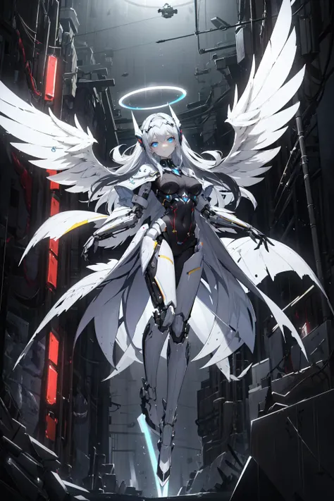 highres, highest quallity, 1girl, adult, solo_focus, solo, (sexy, beautiful woman, perfect face, perfect eyes, perfect female body, kkw-h-bb)1.5, floating_hair, a levitating girl, mechanical parts, black_theme, dark aura, glowing_eyes, night, neon, cyberpunk, effects, headgear, rain, halo, looking at viewer, mechanical wings, big_wings, space, a levitating girl, white_cape, white_theme, white_coat,