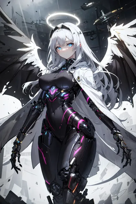 highres, highest quallity, 1girl, adult, solo_focus, solo, (sexy, beautiful woman, perfect face, perfect eyes, perfect female body, kkw-h-bb)1.5, floating_hair, a levitating girl, mechanical parts, black_theme, dark aura, glowing_eyes, night, neon, cyberpunk, effects, headgear, rain, halo, looking at viewer, mechanical wings, big_wings, space, a levitating girl, white_cape, white_theme, white_coat, close_up