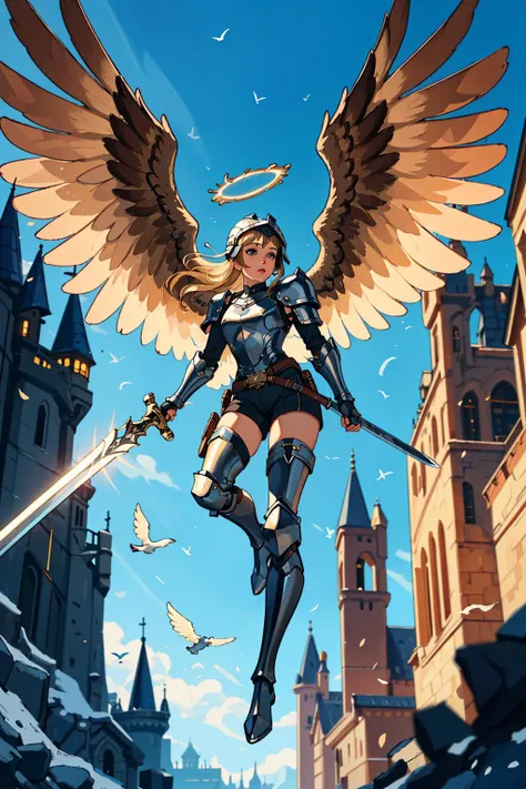 (masterpiece:1.3),(best quality:1.2),8k,absurdres,unity 8k wallpapper,(extremely detailed:1.3),highestres,
landing, wings, 1girl, solo, long hair, looking at viewer, blonde hair, brown hair, thighhighs, holding, medium breasts, closed mouth, standing, full body, weapon, boots, outdoors, shorts, sword, holding weapon, armor, blurry, lips, blurry background, thigh boots, halo, holding sword, from below, helmet, polearm, shoulder armor, gauntlets, building, feathered wings, black wings, pauldrons, angel wings, breastplate, angel, armored boots, greaves, castle,<lora:landing-04:1> ,bird,