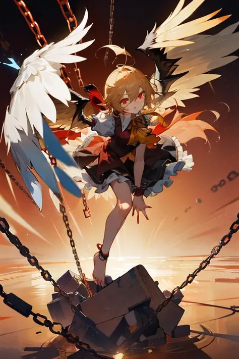 (masterpiece:1.3),(best quality:1.2),8k,absurdres,unity 8k wallpapper,(extremely detailed:1.3),highestres,<lora:landing_wings_sd-10:1> ,
landing_wings, 1girl, solo, long hair, looking at viewer, skirt, blonde hair, simple background, shirt, red eyes, dress, bow, ribbon, hair between eyes, closed mouth, standing, full body, white shirt, short sleeves, frills,(black wings), barefoot, puffy sleeves, medium hair, nail polish, vest, side ponytail, red ribbon, puffy short sleeves, gradient, torn clothes, gradient background, ascot, leaning forward, shadow, red skirt, glowing, chain, one side up, bound, red dress, black background, skirt set, glowing eyes, no headwear, red nails, red background, cuffs, toenails, crystal, yellow ascot, red vest, shackles, dark background, chained, (broken wings:1.2),Asymmetrical wings